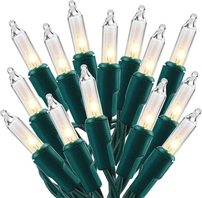 150 incandescent mini bulbs spaced 2.25 inches apart on a 29.2 ft green wire strand