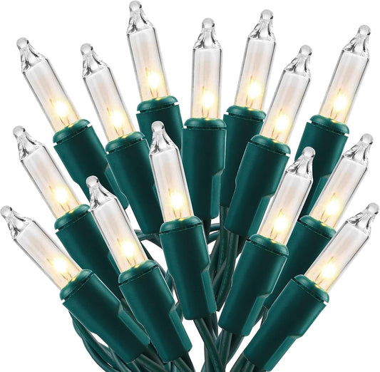 150 incandescent mini bulbs spaced 2.25 inches apart on a 29.2 ft green wire strand