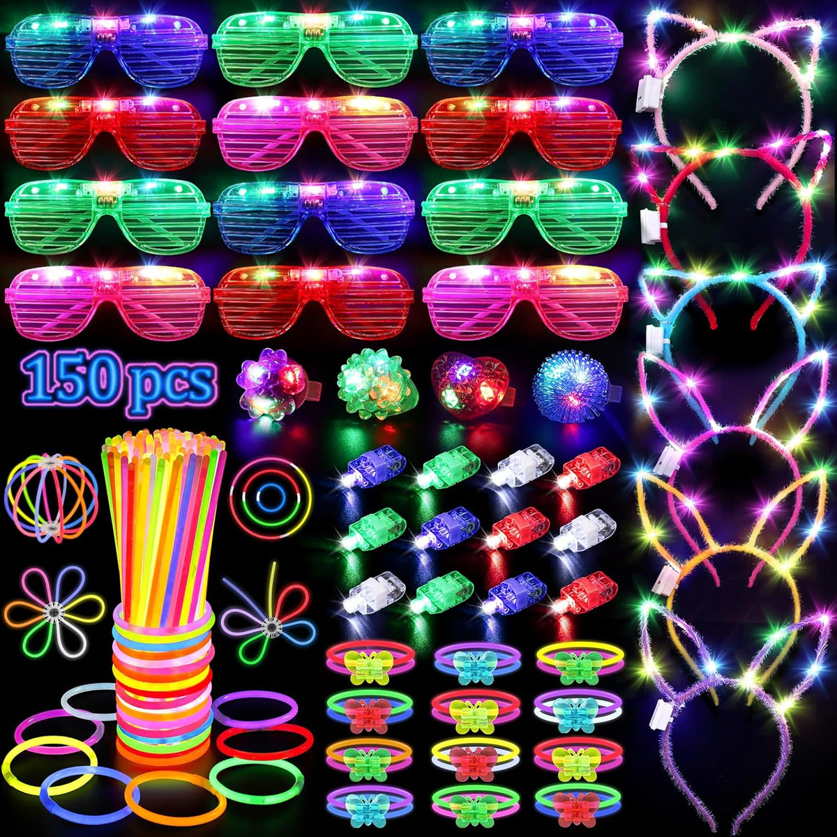 150-piece assortment: 100 neon glow sticks, 12 led glasses, 6 led headbands, 12 led finger lights, 4 led rings