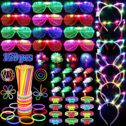 150-piece assortment: 100 neon glow sticks, 12 led glasses, 6 led headbands, 12 led finger lights, 4 led rings
