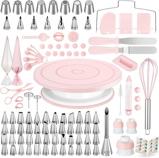 158-piece kit (or 71-piece in color-specific variants) covering turntable, tips, bags, and fondant tools