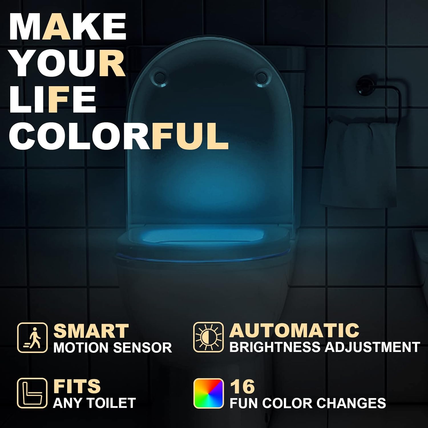16 color options including fixed-color and rotating carousel mode controlled by touch switch