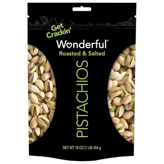 16 oz (1 lb) or 8 oz in-shell pistachio options with resealable packaging