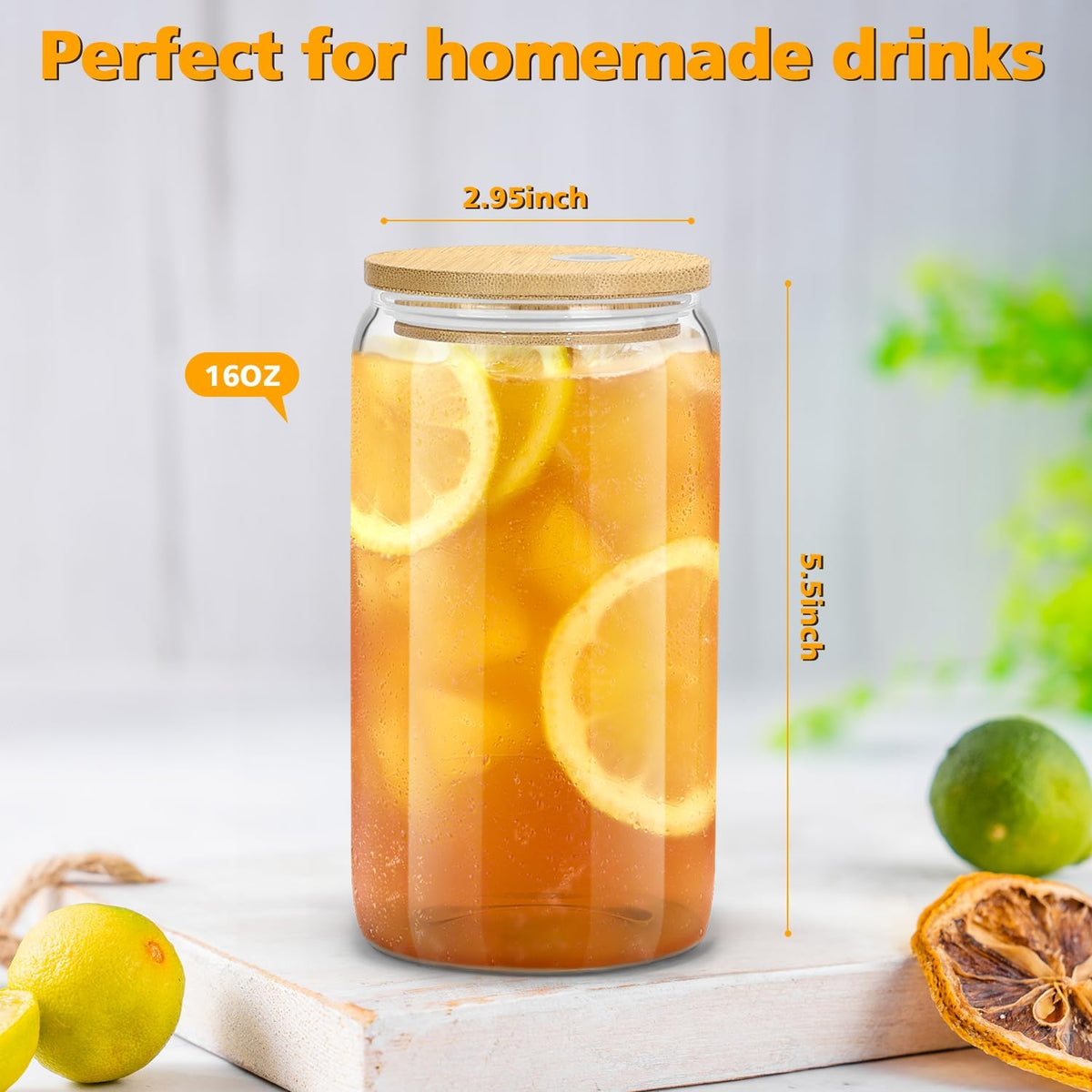 16 oz BPA-Free Glass Tumbler with Bamboo Lid – Mindful Morning Ritual Cup for Iced Coffee and Wellness Lattes, 4 Pack