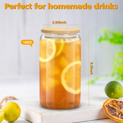 16 oz BPA-Free Glass Tumbler with Bamboo Lid – Mindful Morning Ritual Cup for Iced Coffee and Wellness Lattes, 4 Pack