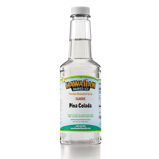 16 oz durable plastic pint bottle yielding approximately 8 six-ounce snow cones at 2 oz per serving