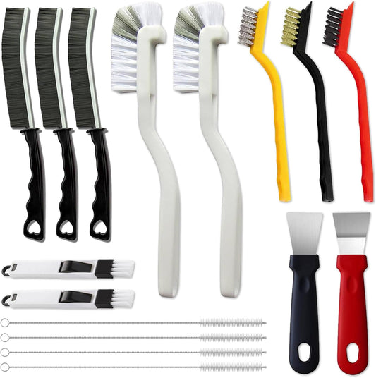 16-piece kit: 3 crevice brushes, 3 specialty bristle brushes, 4 straw brushes, 2 track cleaners, 2 long-handle brushes, 2 shovels