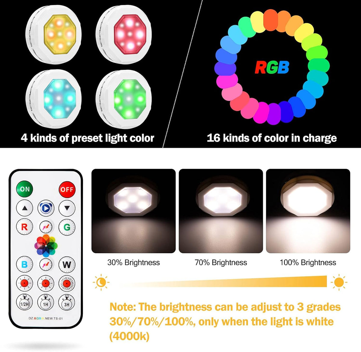 16 selectable colors across 4 dynamic modes (jump, flash, gradient, slow jump) plus warm white 3500k