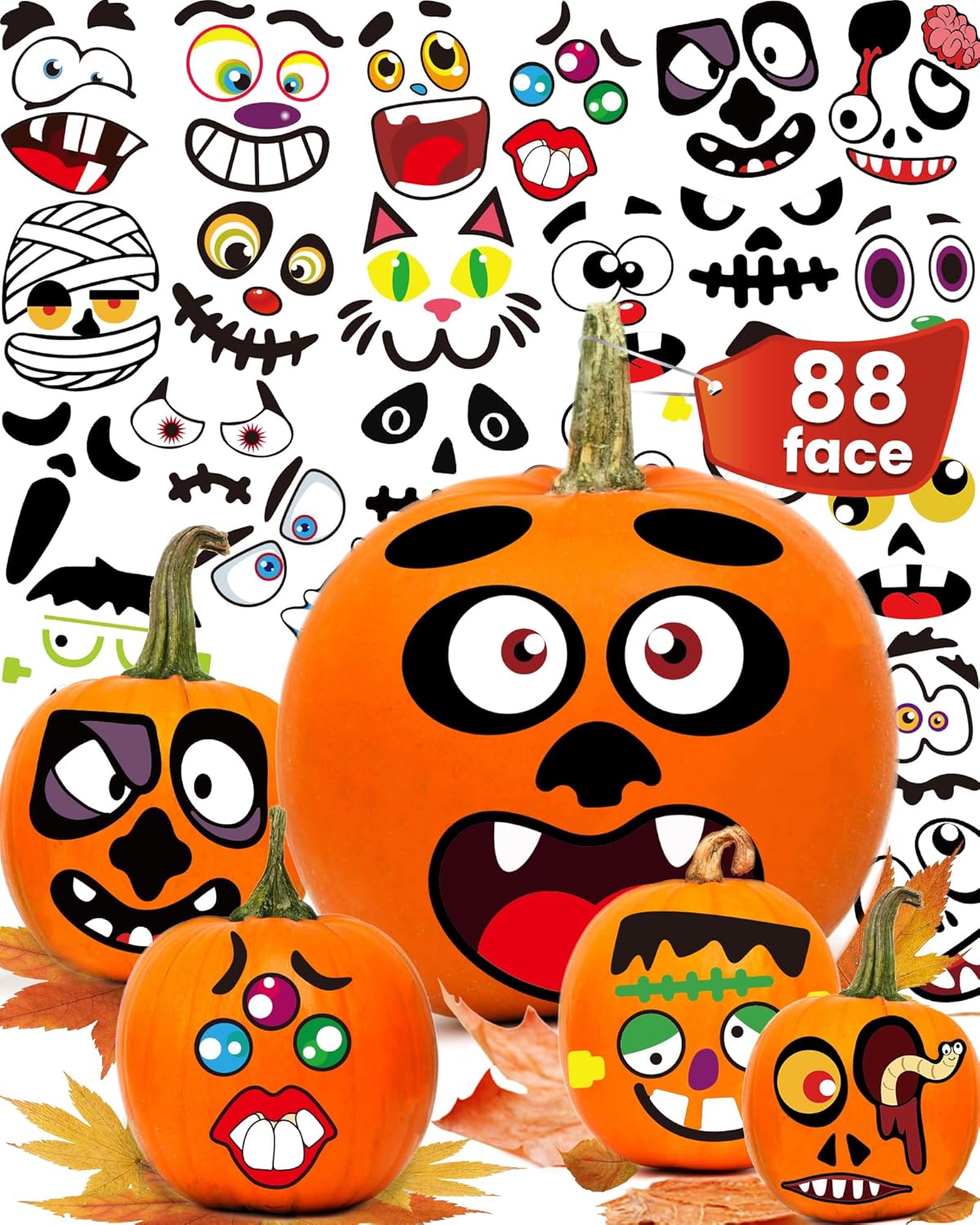 16 sheets containing 88 unique funny pumpkin face expressions