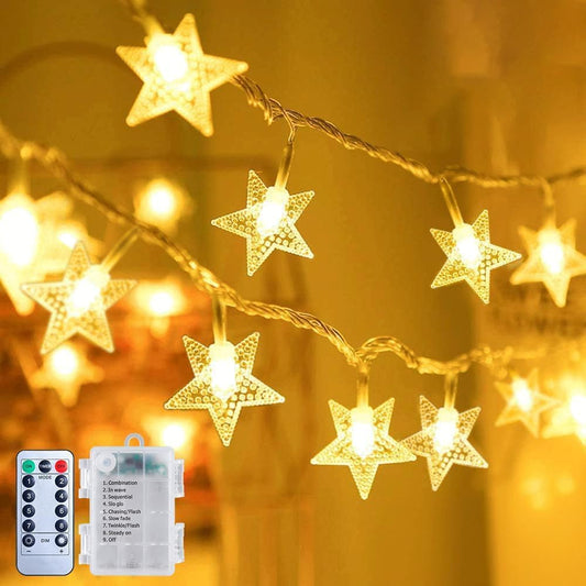 17 ft clear wire with 50 led star-shaped bulbs (approx. 1.3 inches wide)
