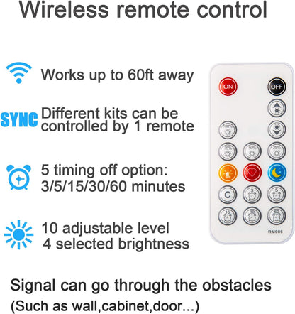 17-key rf wireless remote with dimming, timing off, hot buttons, rematch, and dynamic modes at 60ft range