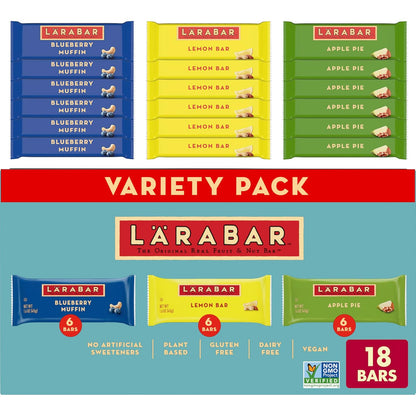 18-bar variety box with 6 bars each of peanut butter chocolate chip, peanut butter cookie, and cashew cookie
