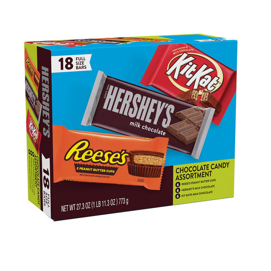 18 individually wrapped full-size candy bars (6 hershey's milk chocolate, 6 kit kat milk chocolate wafer, 6 reese's peanut butter cup)