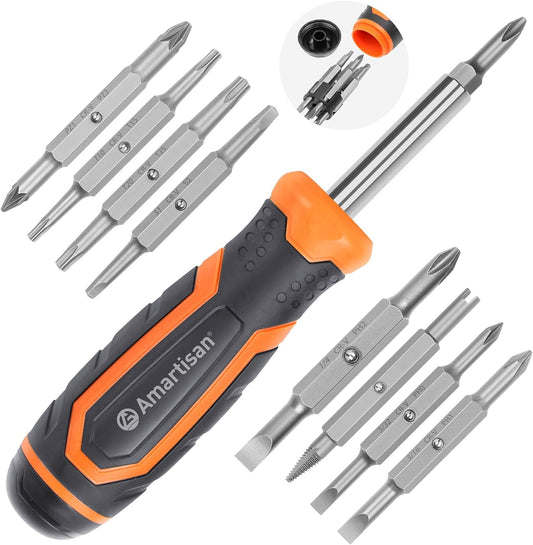 18 interchangeable bits covering slotted, phillips, pozidriv, torx, square, and nut driver formats