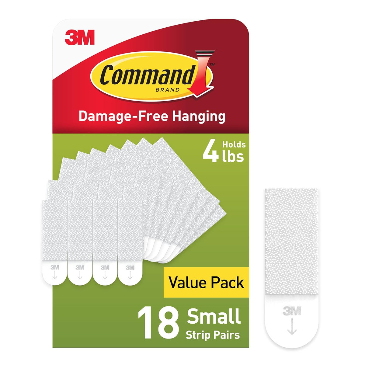 18 pairs (36 strips) per pack with 4 lb weight capacity per 4 pairs and 8x10 inch maximum frame size
