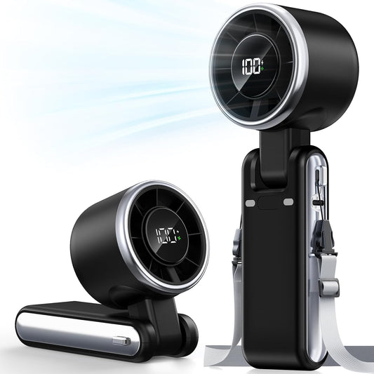 180° foldable design with included lanyard for handheld, desk, or neck fan modes