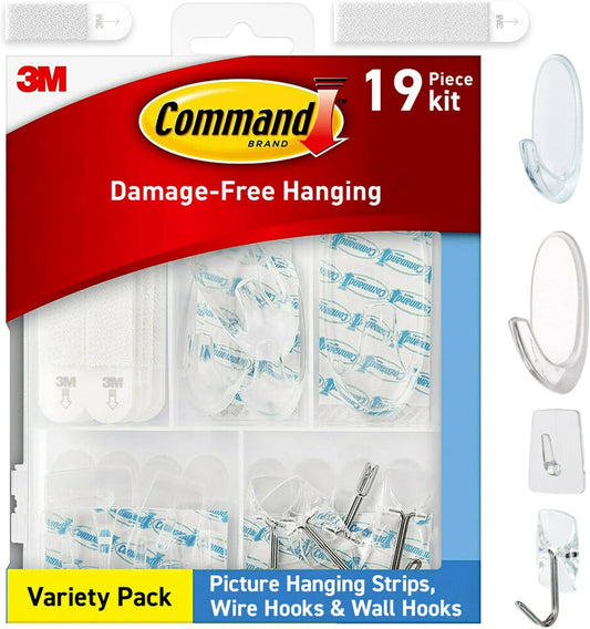 19-piece variety pack: 4 small + 4 large picture strips, 3 medium + 1 large wall hook, 7 mini hooks, 4 wire hooks, and 22 command strips