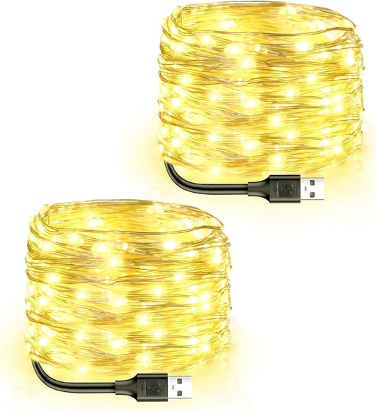 2-pack of 33ft strings, 100 micro led rice-size bulbs per string (66ft total)