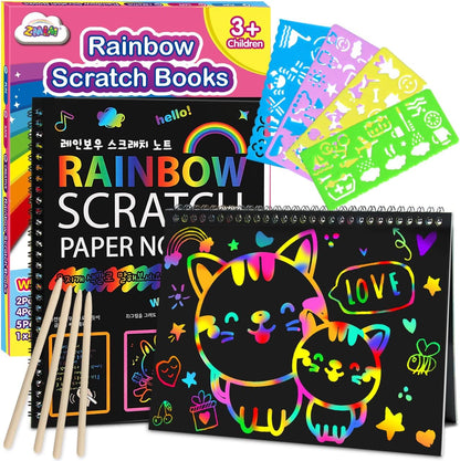 2-pack rainbow scratch paper notebooks with 7 color variants (pink, yellow, blue, light blue, and mixed combos)