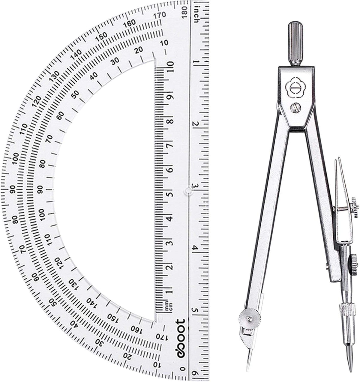 2-piece geometry set: drawing compass plus 6-inch swing-arm protractor