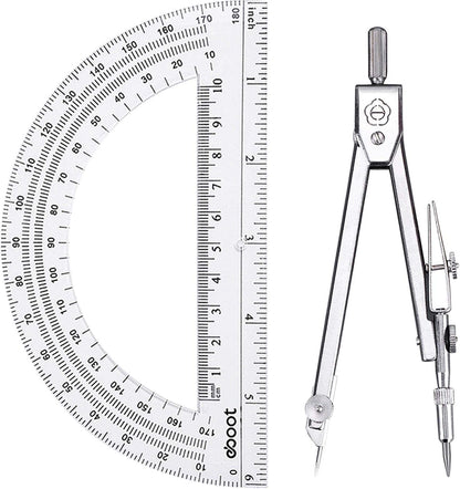 2-piece geometry set: drawing compass plus 6-inch swing-arm protractor