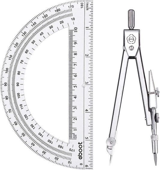 2-piece geometry set: drawing compass plus 6-inch swing-arm protractor