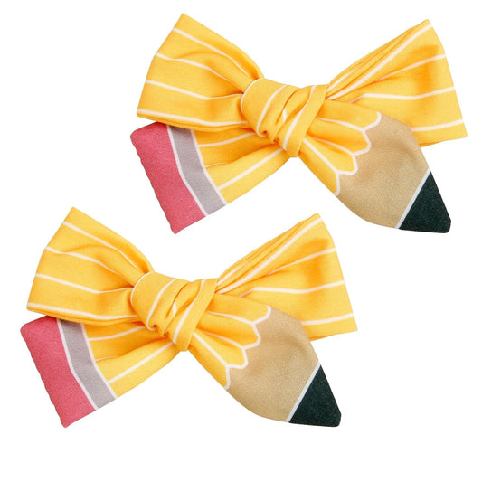 2-piece set of pencil-themed bow hair clips in bright yellow