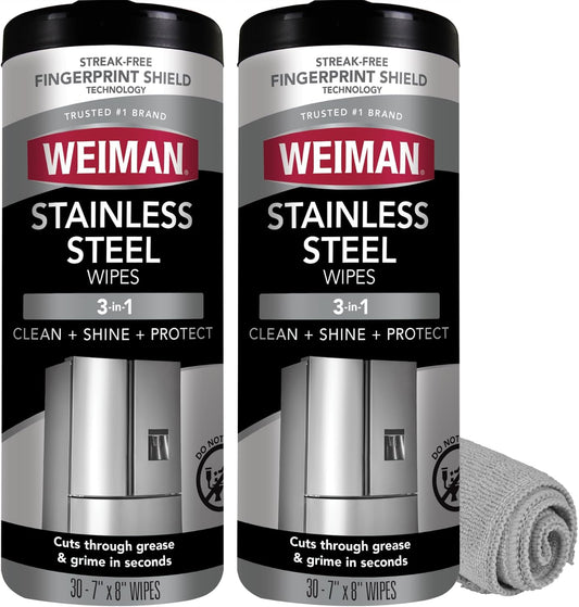 2 stainless steel cleaning wipes per pack for quick touch-ups