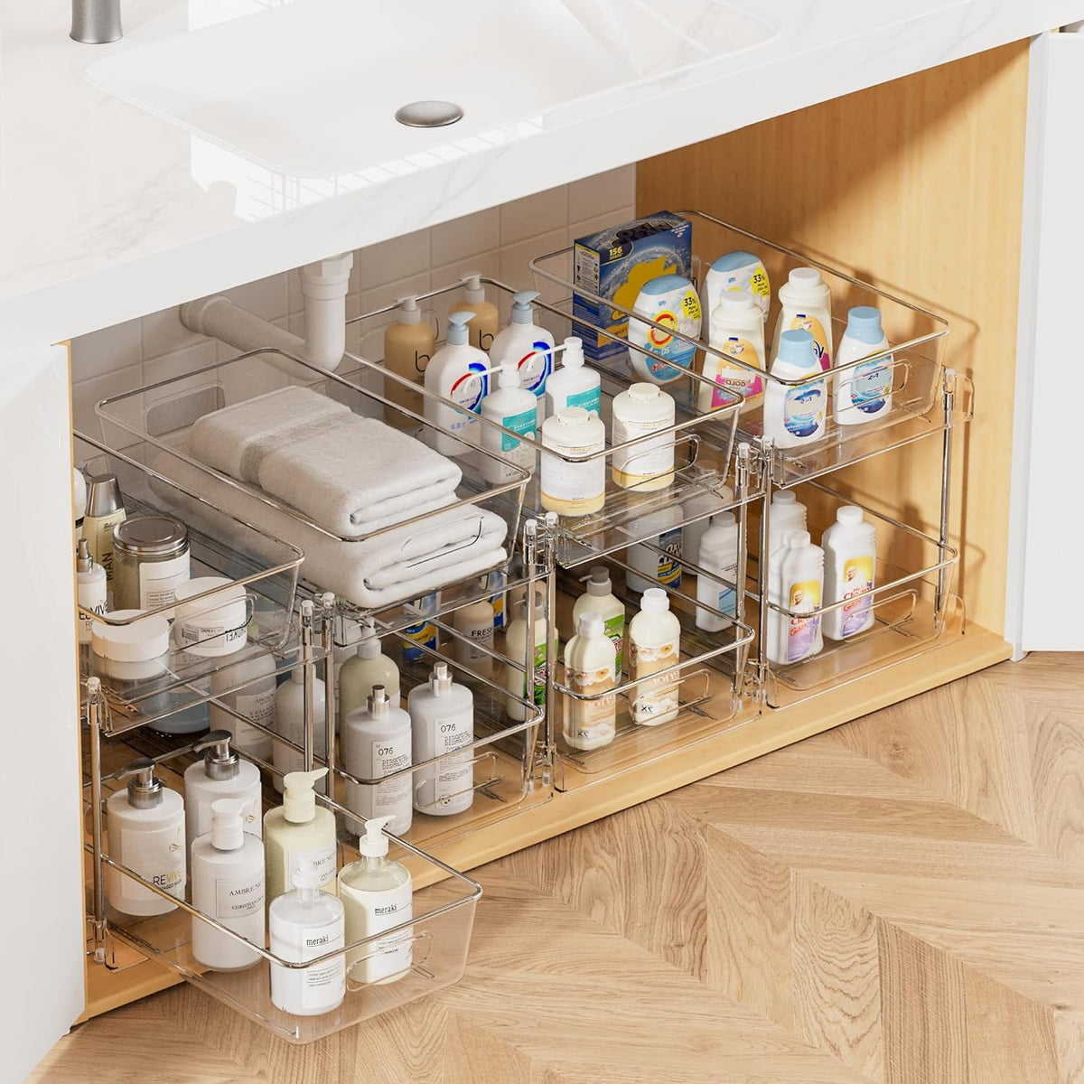 2-tier slide-out drawers with built-in handles and stabilizing tracks