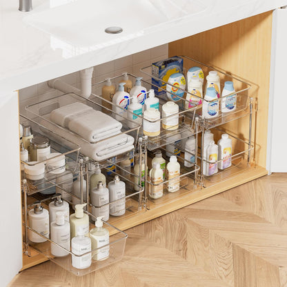 2-tier slide-out drawers with built-in handles and stabilizing tracks