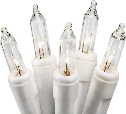 20 clear incandescent t-shape wedge-base bulbs on white wire