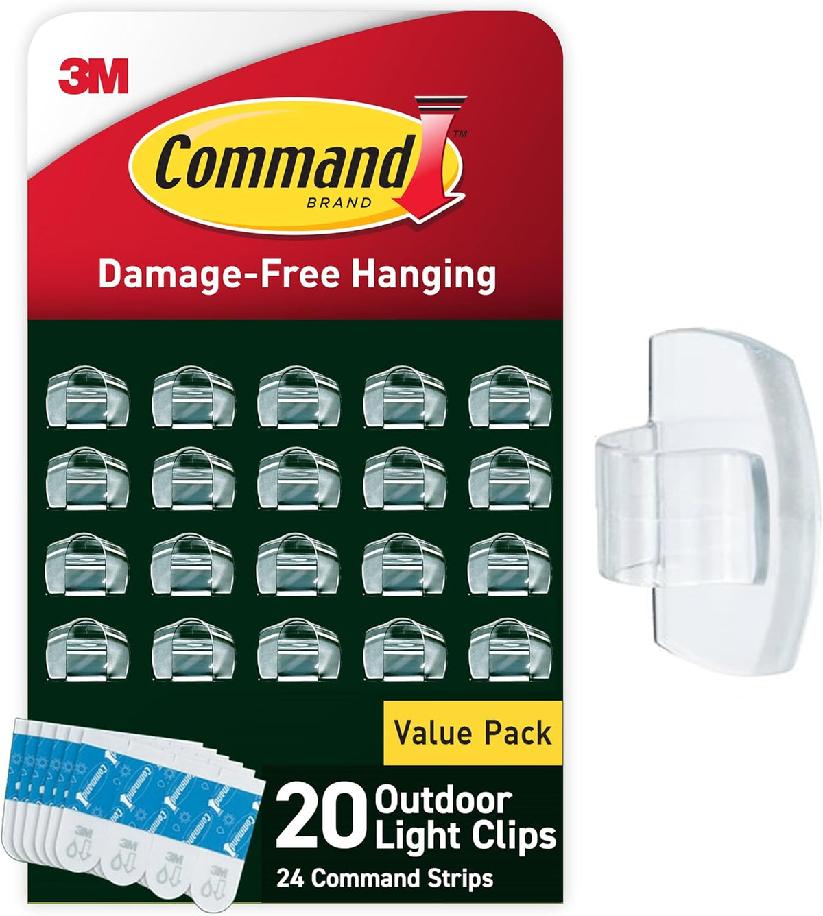 20 clear plastic clips plus 24 small water-resistant command strips included