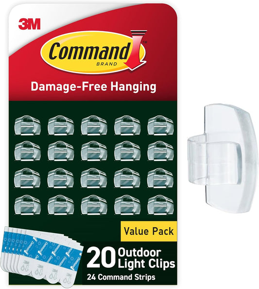 20 clear plastic clips plus 24 small water-resistant command strips included