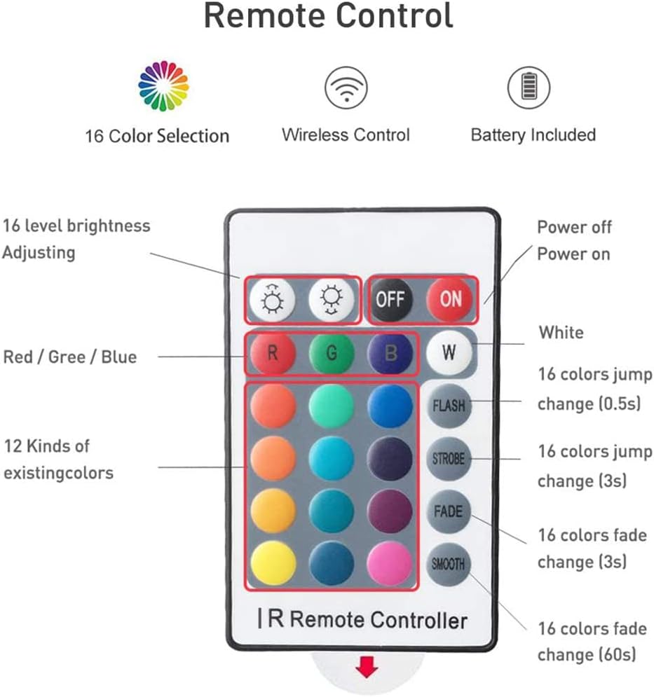 20 color options with 6 diy modes including fade, jump, flash, and auto