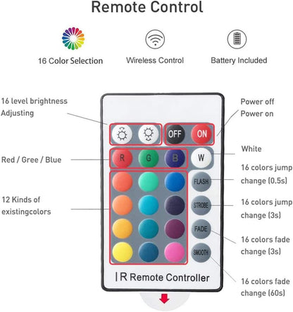 20 color options with 6 diy modes including fade, jump, flash, and auto