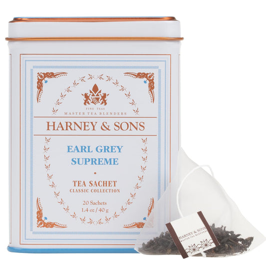 20-count silken tea sachets packaged in a premium resealable tin can