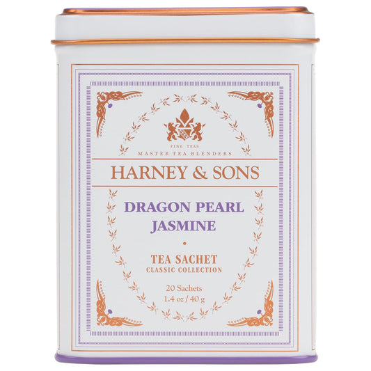 20 individually portioned jasmine tea sachets in a reusable tin