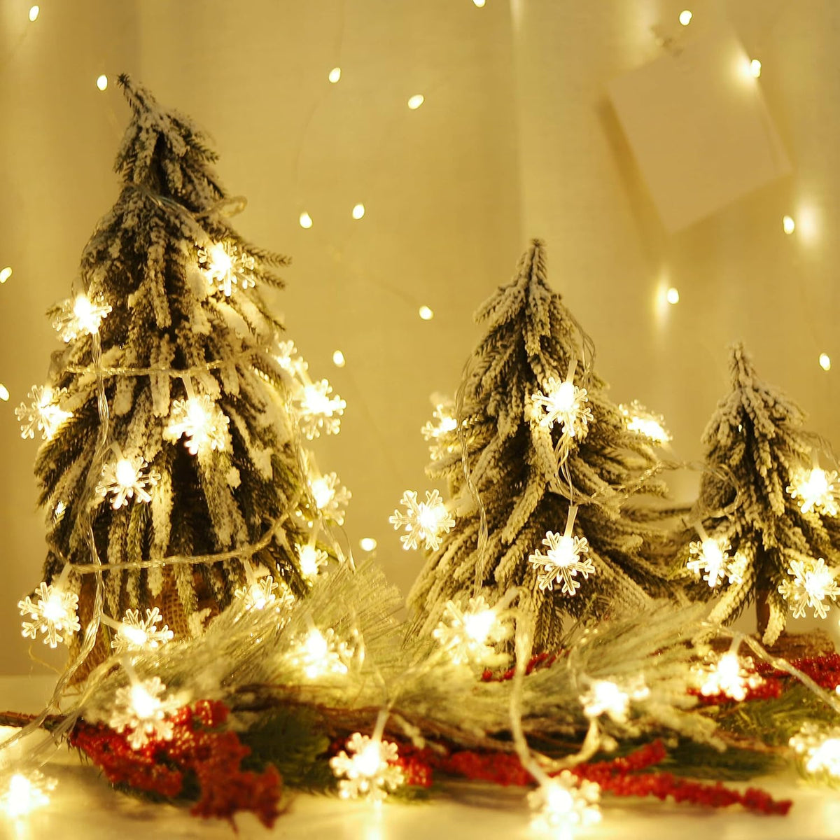 20 led snowflake-shaped bulbs across 9.8 feet of bendable plastic wire