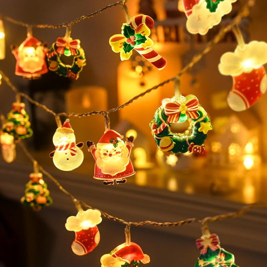 20 led warm-white bulbs across 8 decorative christmas element styles (santa, snowman, candy cane, tree, hat, wreath, stocking)