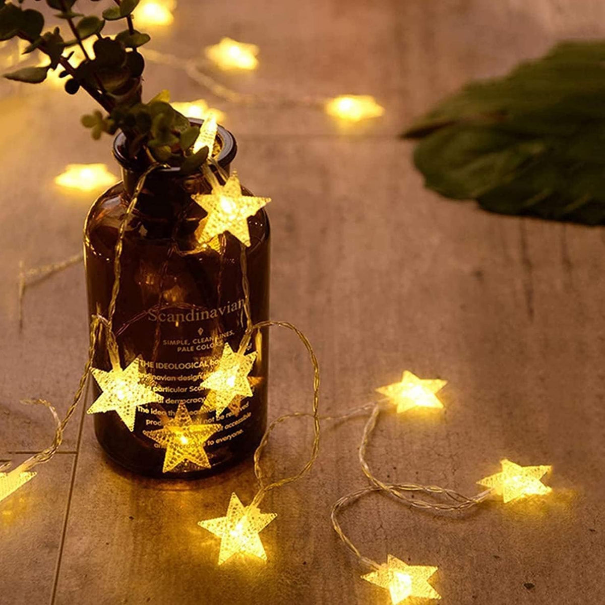 20 warm white led star-shaped bulbs on 10ft string with 6-inch spacing