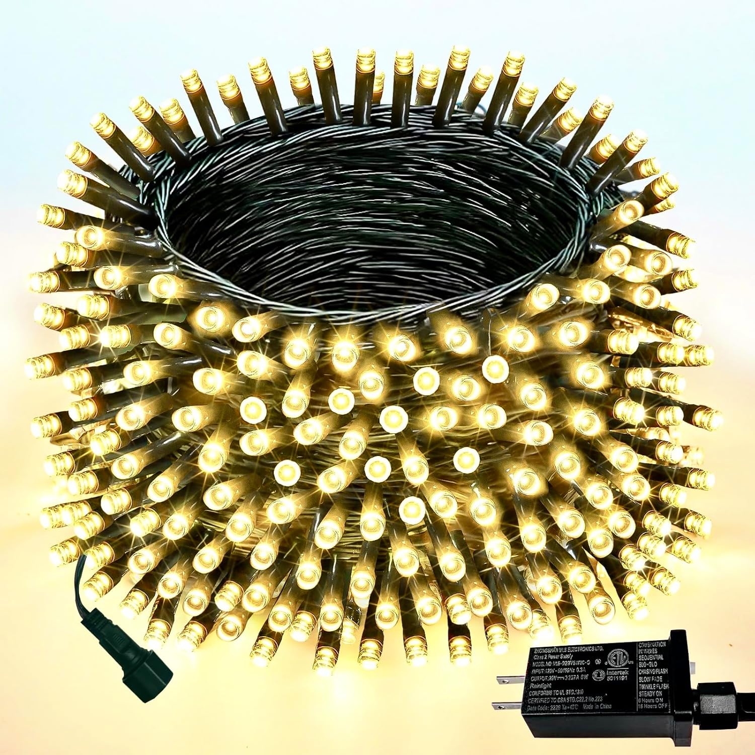 200 led bulbs across 66 ft of green wire plus 9.8 ft lead wire (75.8 ft total)