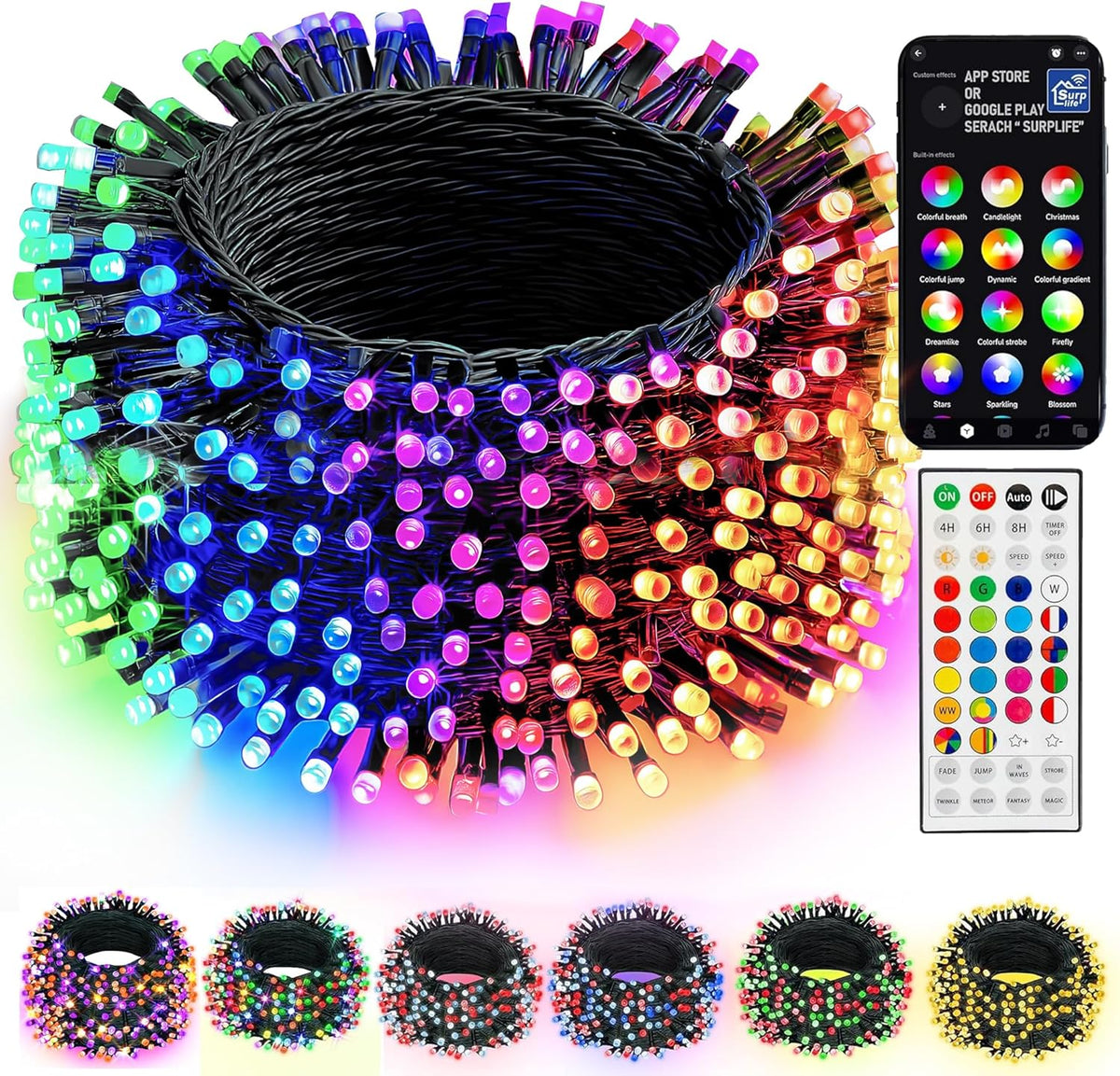 200 led rgb string spanning 66 ft (79 ft total with 13.1 ft lead wire) at 3.9-inch bulb spacing
