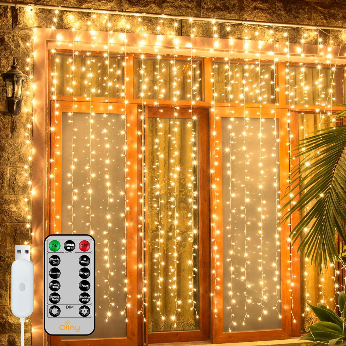 200 leds arranged in 10 cascading strings of 20 bulbs covering 6.6 x 6.6 ft
