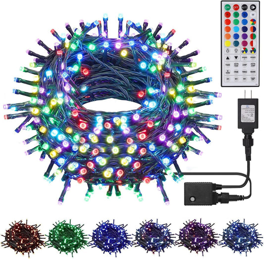 200 rgb led bulbs across 66ft of green-coated wire with 17ft lead cable