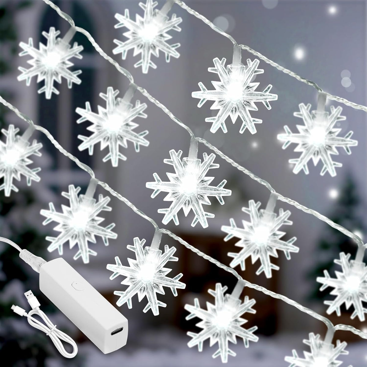 20ft string with 40 leds (or 33ft / 100led upgrade variant) in a snowflake shape