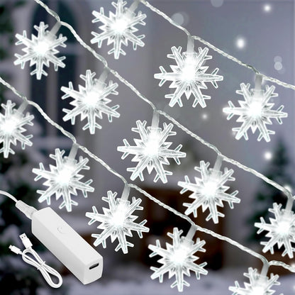 20ft string with 40 leds (or 33ft / 100led upgrade variant) in a snowflake shape