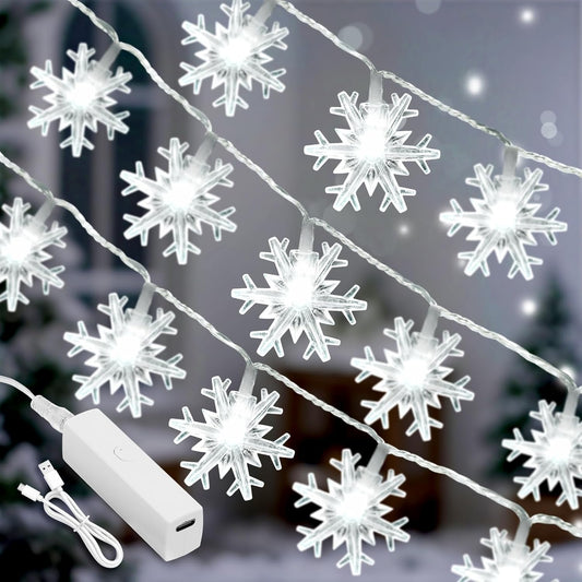 20ft string with 40 leds (or 33ft / 100led upgrade variant) in a snowflake shape