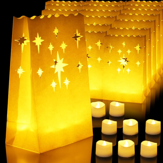 24 flame-retardant paper luminary bags with star-shaped cutouts measuring 10.5" x 6"