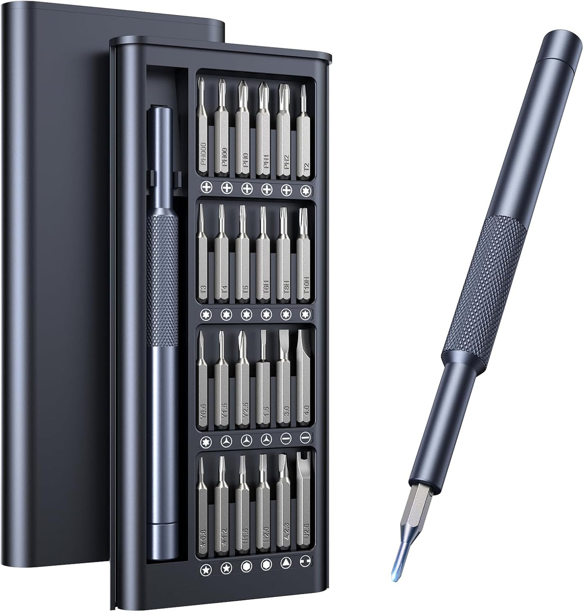24 interchangeable precision bits covering phillips, flat, torx, torx security, pentalobe, and hexagon head styles