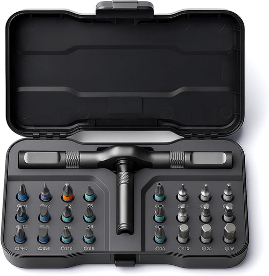 24 interchangeable s2 steel bits covering phillips, flathead, hex, and torx heads